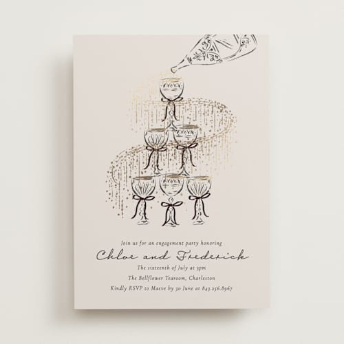 This is a noir engagement party invitations with foil pressed by Jackie Crawford called sparkling champagne tower printing on signature in standard