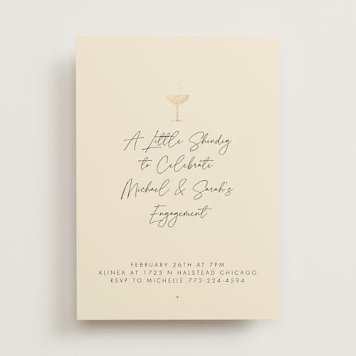 This is a champagne engagement party invitations with foil pressed by mo kelley called a little shindig printing on signature in standard