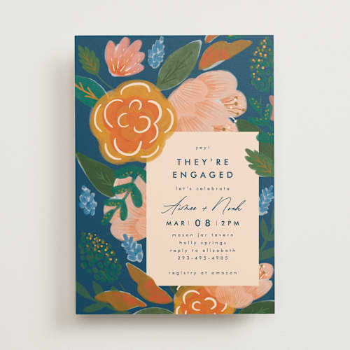 This is a indigo engagement party invitations with standard by Corie Page called floral whimsy printing on signature in standard