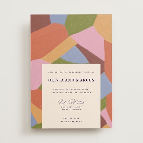 This is a pop engagement party invitations with standard by Pati Cascino called colorful moment printing on signature in standard