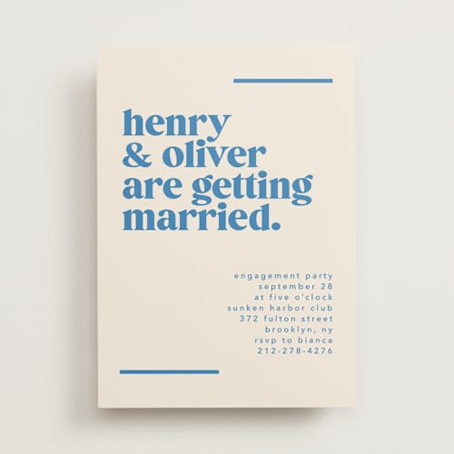 This is a cerulean engagement party invitations with standard by Kristie Kern called news printing on signature in standard