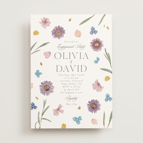 This is a lily engagement party invitations with standard by Christy Hy Lee called petals printing on signature in standard