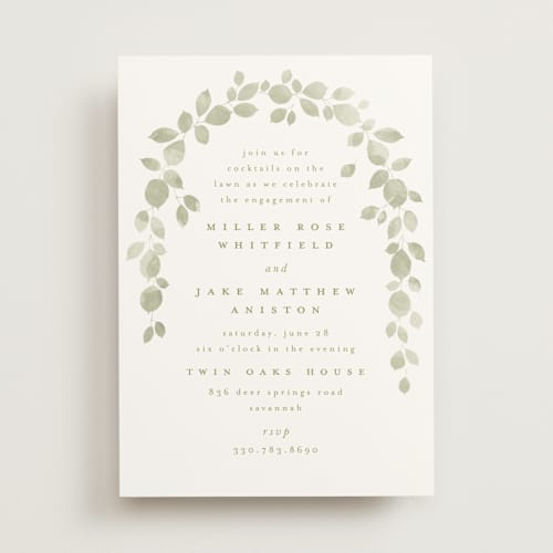 This is a leaf engagement party invitations with standard by Kristie Kern called garden gate printing on signature in standard