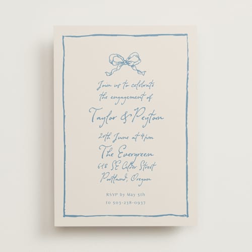This is a dusty blue engagement party invitations with standard by Cass Loh called ribbon bow drawing printing on signature in standard