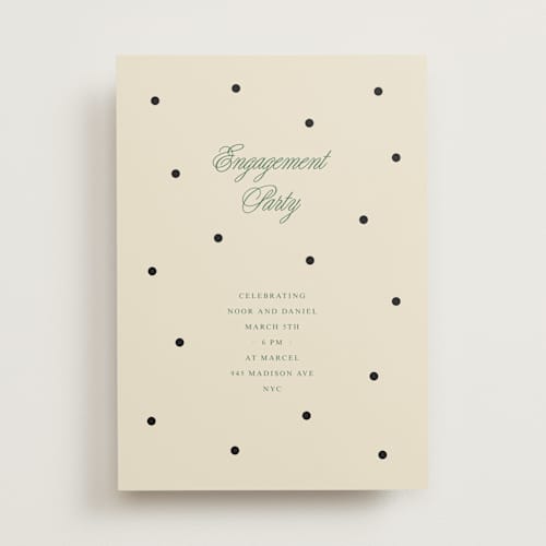 This is a off white engagement party invitations with standard by Studio Suku called polka dot printing on signature in standard