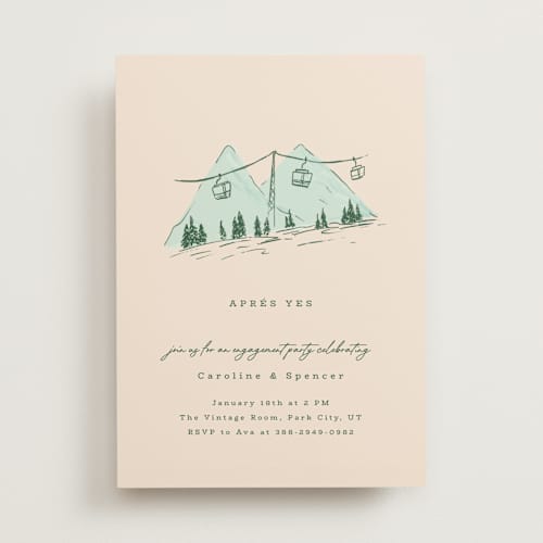 This is a alpine engagement party invitations with standard by Vera Lim called apres yes printing on signature in standard