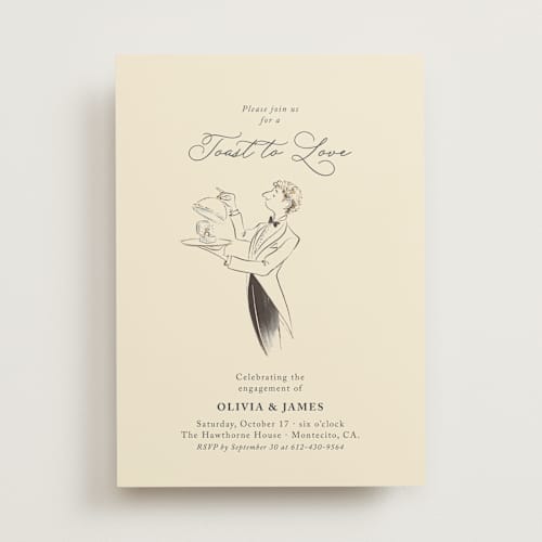 This is a ivory engagement party invitations with standard by Sabrin Deirani called a toast to love printing on signature in standard