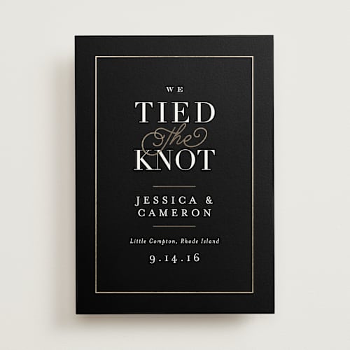 This is a tuxedo wedding announcements with foil pressed by Jennifer Wick called ivory details printing on signature in standard