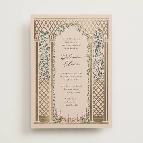 This is a sand quinceanera invitations with foil pressed by Becky Nimoy called victorian trellis printing on signature in standard