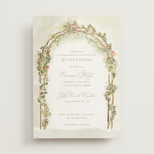 This is a evergreen quinceanera invitations with foil pressed by Lucrecia Caporale called floral arch printing on signature in standard