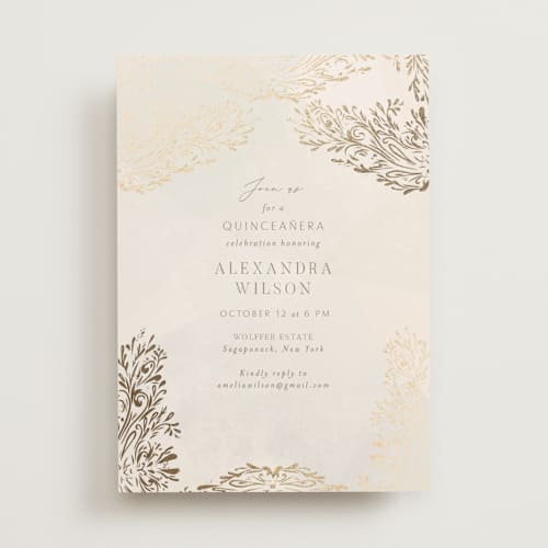 This is a cream quinceanera invitations with foil pressed by Nicoletta Savod called quinceañera elegance printing on signature in standard