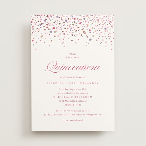 This is a berry quinceanera invitations with foil pressed by Olivia Raufman called confetti sparkle printing on signature in standard