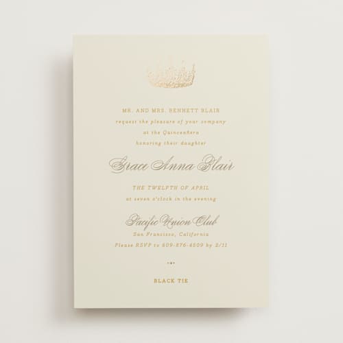 This is a caramel quinceanera invitations with foil pressed by Yolanda Mariak Chendak called belle of the ball printing on signature in standard