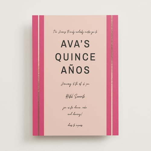 This is a hot pink quinceanera invitations with foil pressed by Ani Somi called ribbon stripes printing on signature in standard