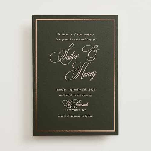 This is a midnight forest foil stamped wedding invitations with foil pressed by Morgan Kendall called playbill printing on signature in standard