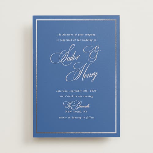 This is a cerulean foil stamped wedding invitations with foil pressed by Morgan Kendall called playbill printing on signature in standard
