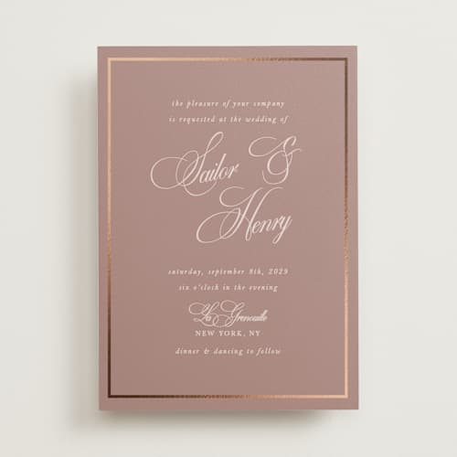 This is a lilac foil stamped wedding invitations with foil pressed by Morgan Kendall called playbill printing on signature in standard