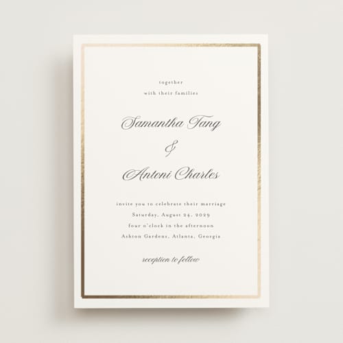 This is a cloud foil stamped wedding invitations with foil pressed by Nicole Walsh called tux printing on signature in standard