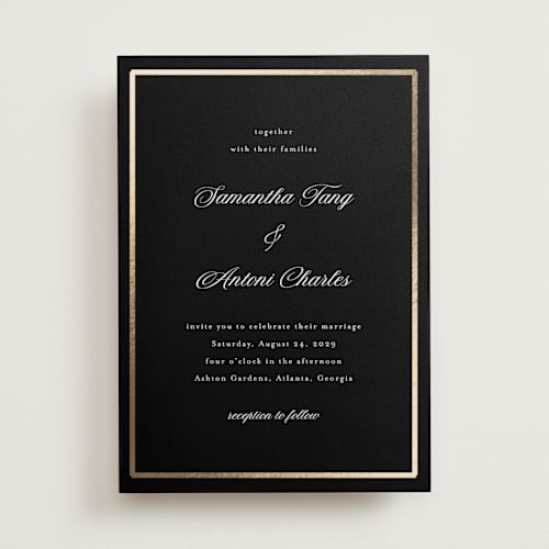 This is a midnight foil stamped wedding invitations with foil pressed by Nicole Walsh called tux printing on signature in standard