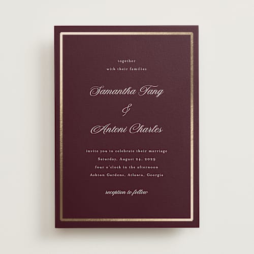 This is a merlot foil stamped wedding invitations with foil pressed by Nicole Walsh called tux printing on signature in standard