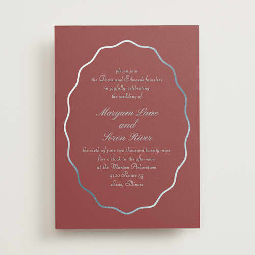 This is a burgundy foil stamped wedding invitations with foil pressed by Baumbirdy called scallop frame printing on signature in standard