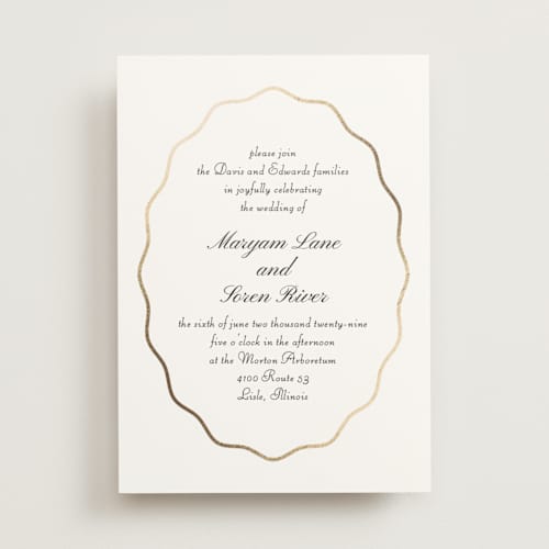 This is a pearl foil stamped wedding invitations with foil pressed by Baumbirdy called scallop frame printing on signature in standard