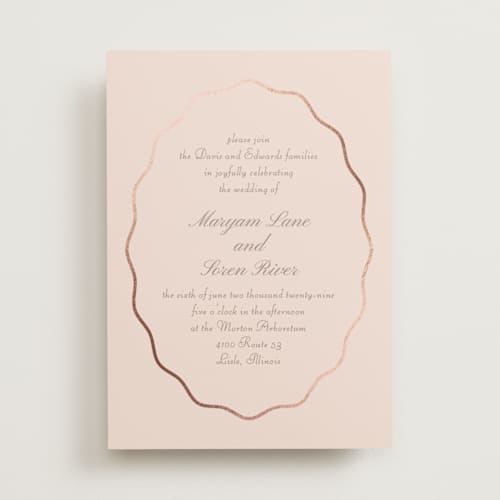 This is a petal foil stamped wedding invitations with foil pressed by Baumbirdy called scallop frame printing on signature in standard
