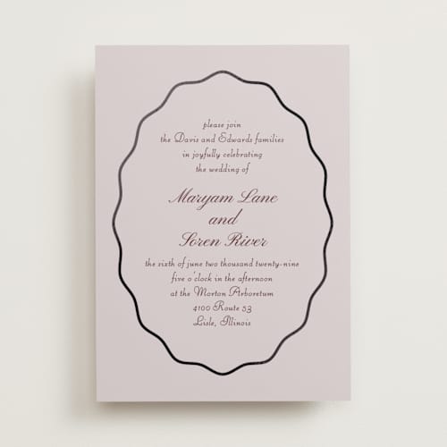 This is a lavender foil stamped wedding invitations with foil pressed by Baumbirdy called scallop frame printing on signature in standard