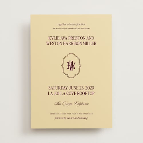 This is a butter foil stamped wedding invitations with foil pressed by Jenna Holcomb called modern vintage printing on signature in standard