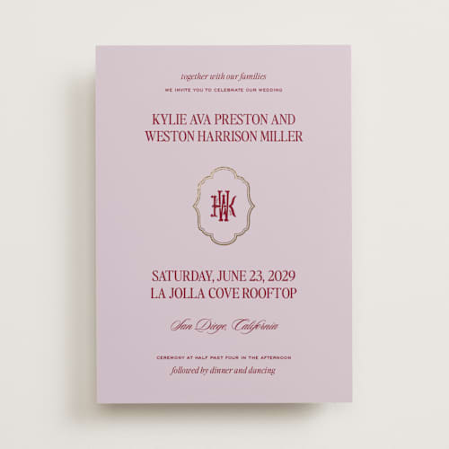 This is a berry foil stamped wedding invitations with foil pressed by Jenna Holcomb called modern vintage printing on signature in standard