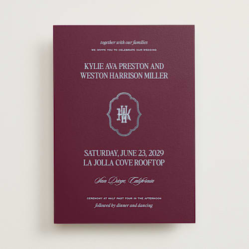 This is a mulberry foil stamped wedding invitations with foil pressed by Jenna Holcomb called modern vintage printing on signature in standard