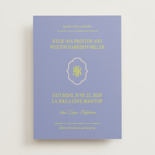 This is a amethyst foil stamped wedding invitations with foil pressed by Jenna Holcomb called modern vintage printing on signature in standard