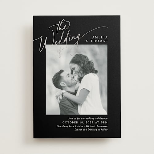This is a ebony foil stamped wedding invitations with foil pressed by Kaydi Bishop called the wedding printing on signature in standard