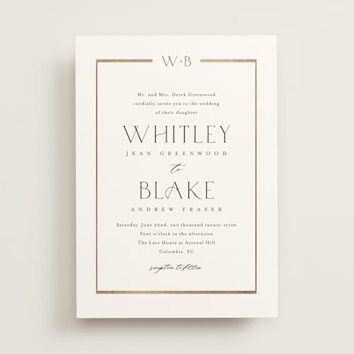 This is a cotton foil stamped wedding invitations with foil pressed by Stacey Meacham called luster printing on signature in standard