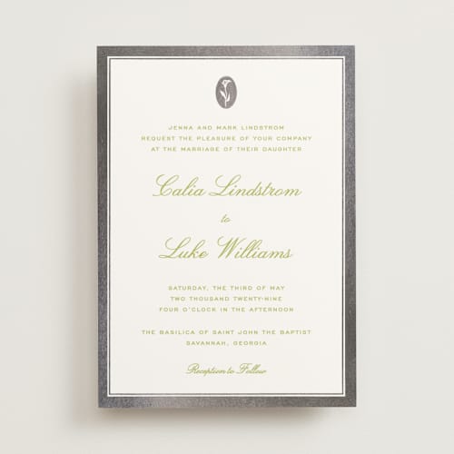 This is a avocado foil stamped wedding invitations with foil pressed by Ani Somi called calia printing on signature in standard