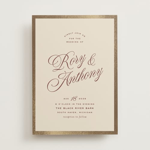 This is a burgundy foil stamped wedding invitations with foil pressed by Ellen Schlegelmilch called rory printing on signature in standard
