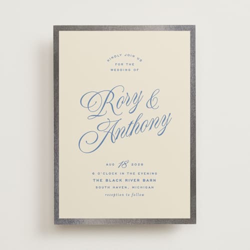 This is a cobalt foil stamped wedding invitations with foil pressed by Ellen Schlegelmilch called rory printing on signature in standard