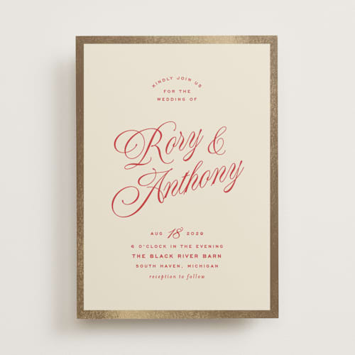 This is a ruby foil stamped wedding invitations with foil pressed by Ellen Schlegelmilch called rory printing on signature in standard