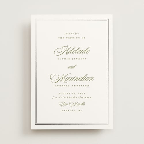 This is a olive foil stamped wedding invitations with foil pressed by Ellen Schlegelmilch called museo printing on signature in standard