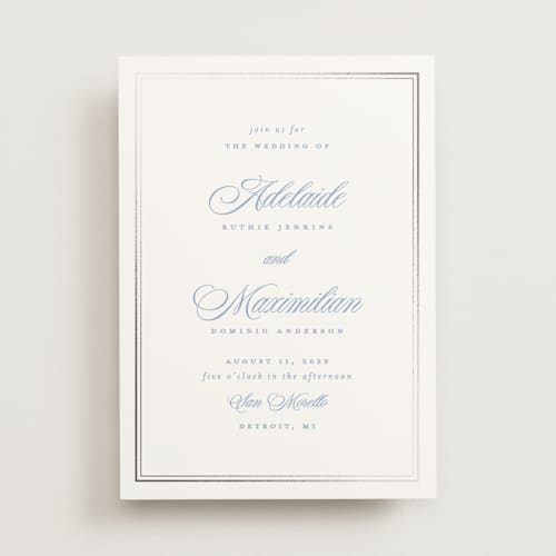 This is a periwinkle foil stamped wedding invitations with foil pressed by Ellen Schlegelmilch called museo printing on signature in standard