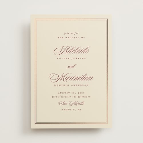 This is a burgundy foil stamped wedding invitations with foil pressed by Ellen Schlegelmilch called museo printing on signature in standard