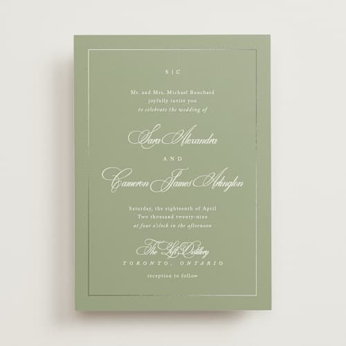 This is a garden foil stamped wedding invitations with foil pressed by Kelly Schmidt called greenwood printing on signature in standard