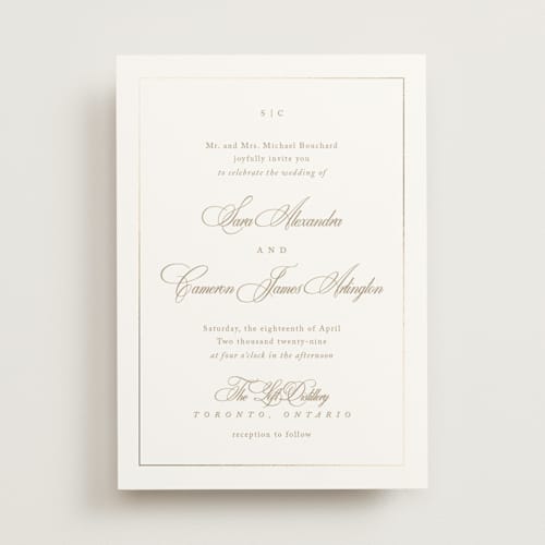 This is a golden foil stamped wedding invitations with foil pressed by Kelly Schmidt called greenwood printing on signature in standard