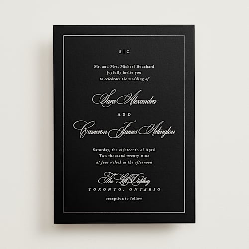 This is a midnight foil stamped wedding invitations with foil pressed by Kelly Schmidt called greenwood printing on signature in standard