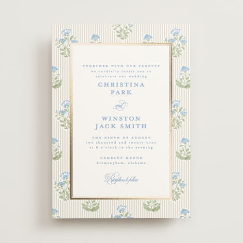 This is a powder foil stamped wedding invitations with foil pressed by Creo Study called patterned florals printing on signature in standard