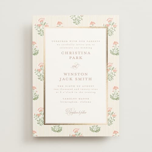 This is a sunset foil stamped wedding invitations with foil pressed by Creo Study called patterned florals printing on signature in standard