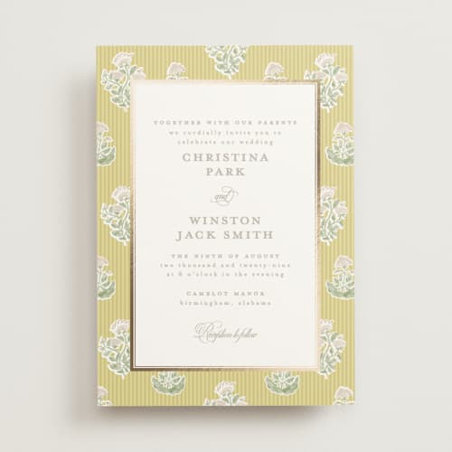 This is a chartruese foil stamped wedding invitations with foil pressed by Creo Study called patterned florals printing on signature in standard
