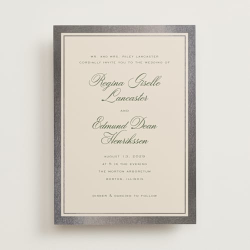 This is a dark moss foil stamped wedding invitations with foil pressed by chocomocacino called krytharaki printing on signature in standard