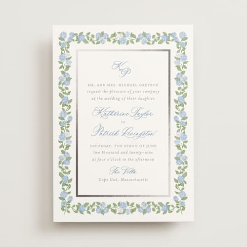This is a ocean foil stamped wedding invitations with foil pressed by Creo Study called pillowy border printing on signature in standard