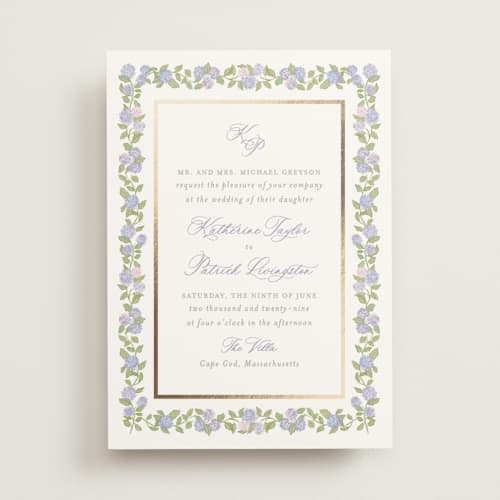 This is a iris foil stamped wedding invitations with foil pressed by Creo Study called pillowy border printing on signature in standard